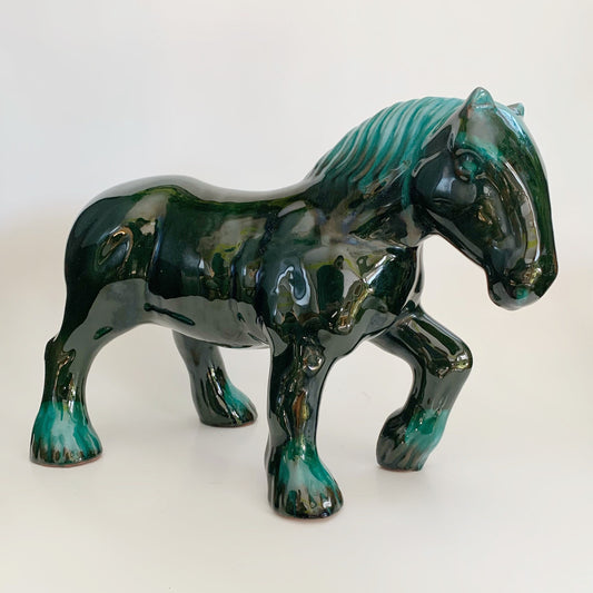 Large Blue Mountain Pottery Clydesdale Draft Horse Green Flow Glaze Vintage