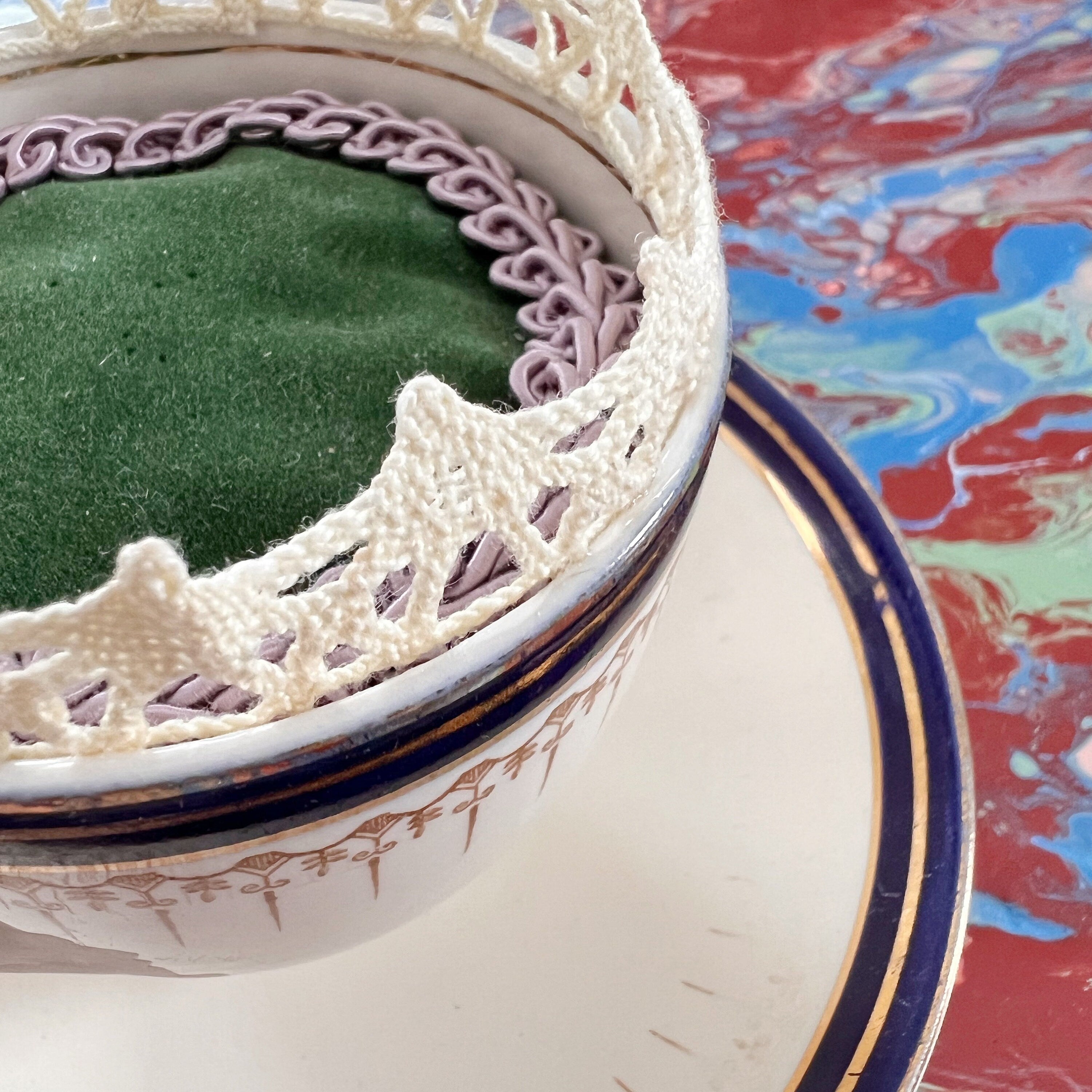 OOAK signed tea cup pin cushion Bleu de Roi Meakin England functional sculpture sewing lover art