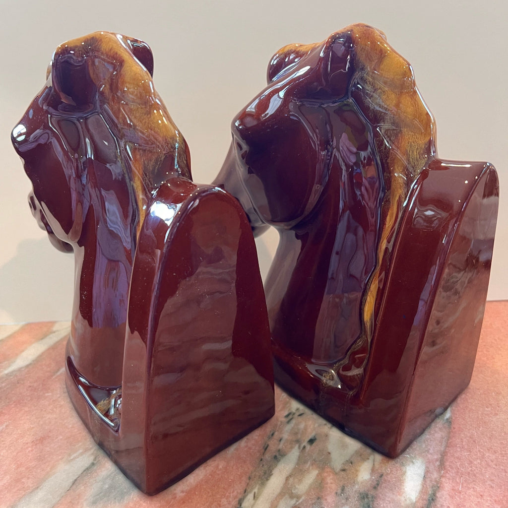 Blue Mountain Pottery Horse Head Bookends Harvest Gold Drip Glaze Classic Canada BMP Equine