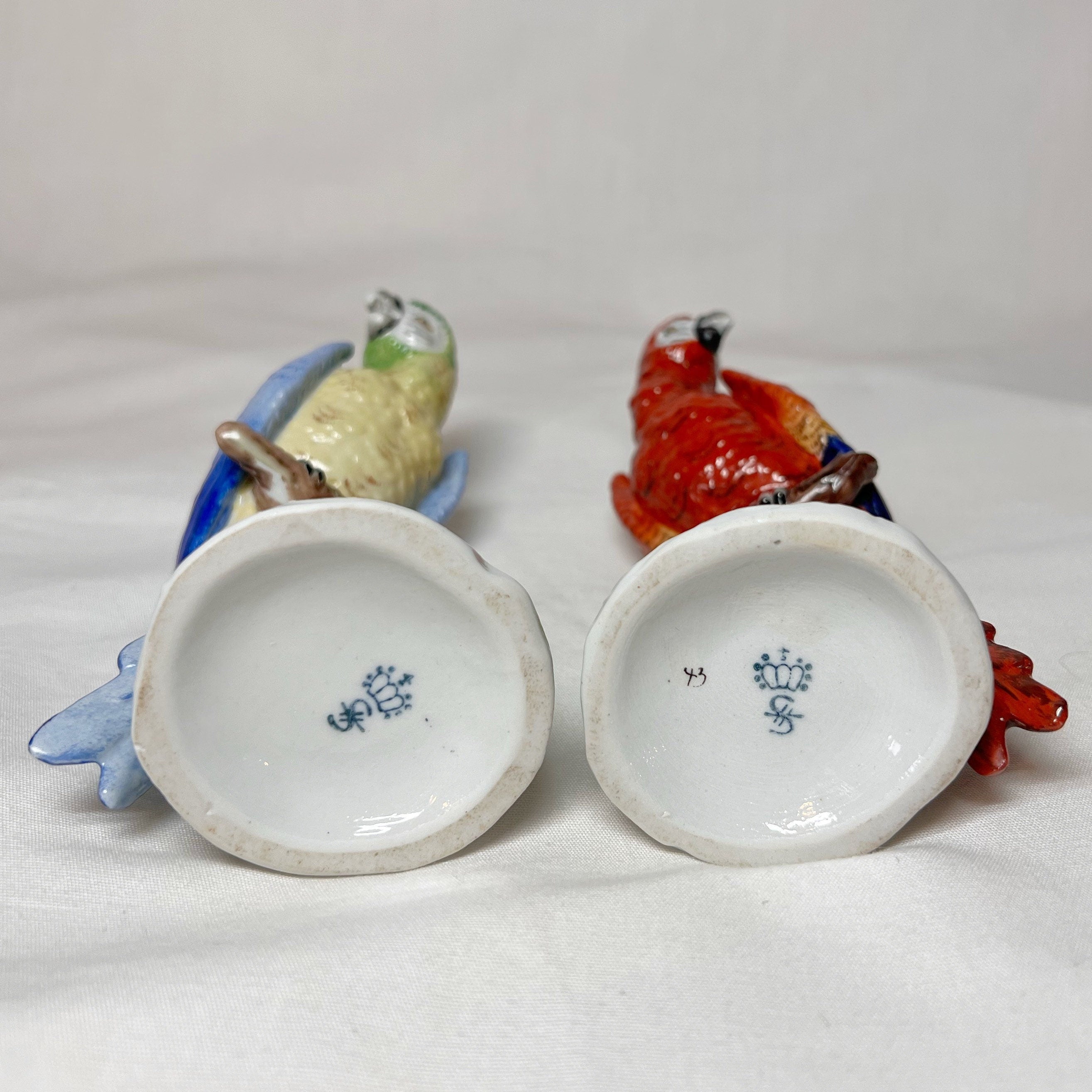Pair of Sitzendorf Porcelain Parrots German Art Bird Signed Rare