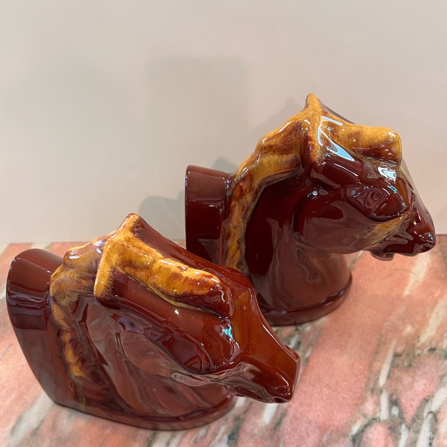 Blue Mountain Pottery Horse Head Bookends Harvest Gold Drip Glaze Classic Canada BMP Equine