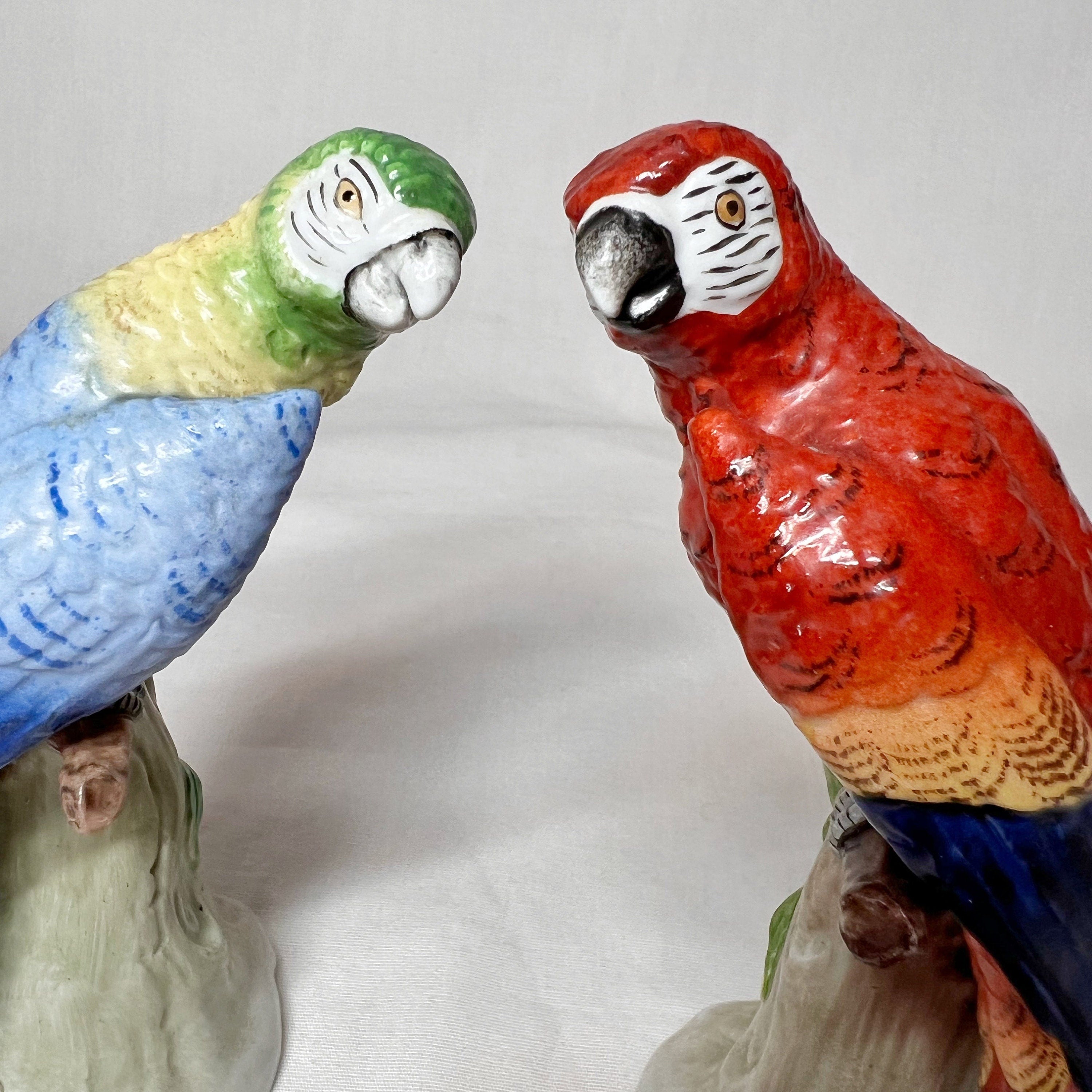 Pair of Sitzendorf Porcelain Parrots German Art Bird Signed Rare