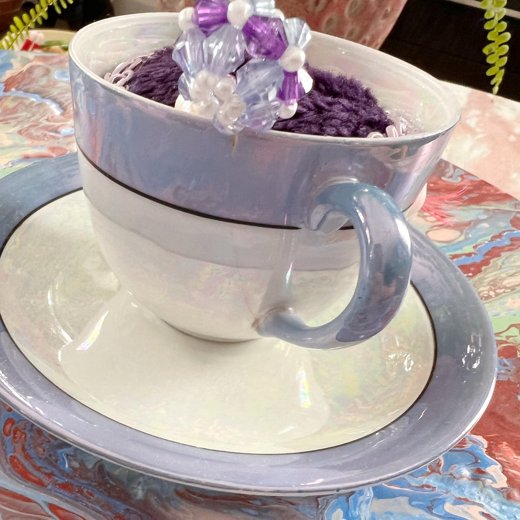 OOAK signed tea cup pin cushion Nagoya Seitosho blue lilac lustre glass eyes functional sculpture sewing lover