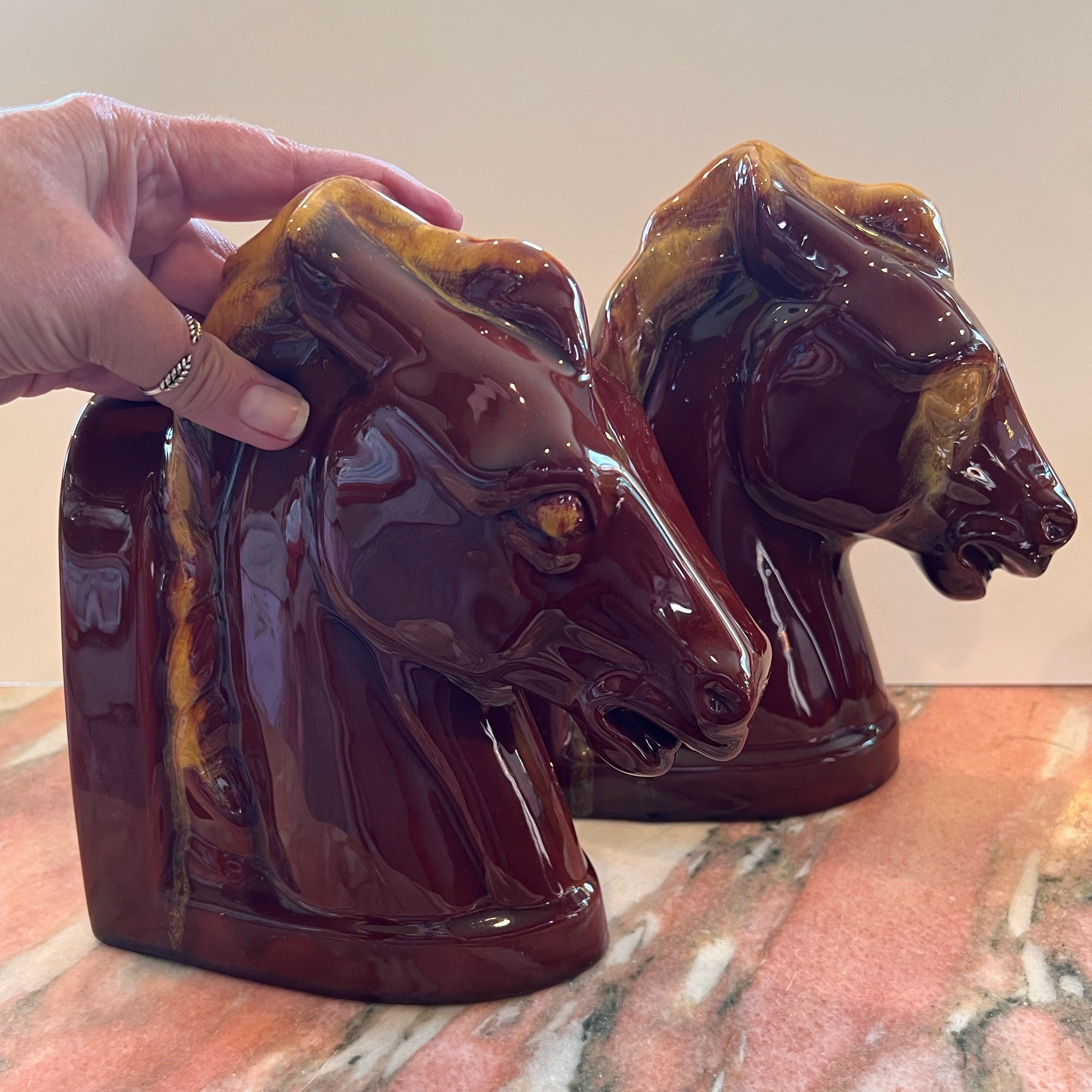 Blue Mountain Pottery Horse Head Bookends Harvest Gold Drip Glaze Classic Canada BMP Equine