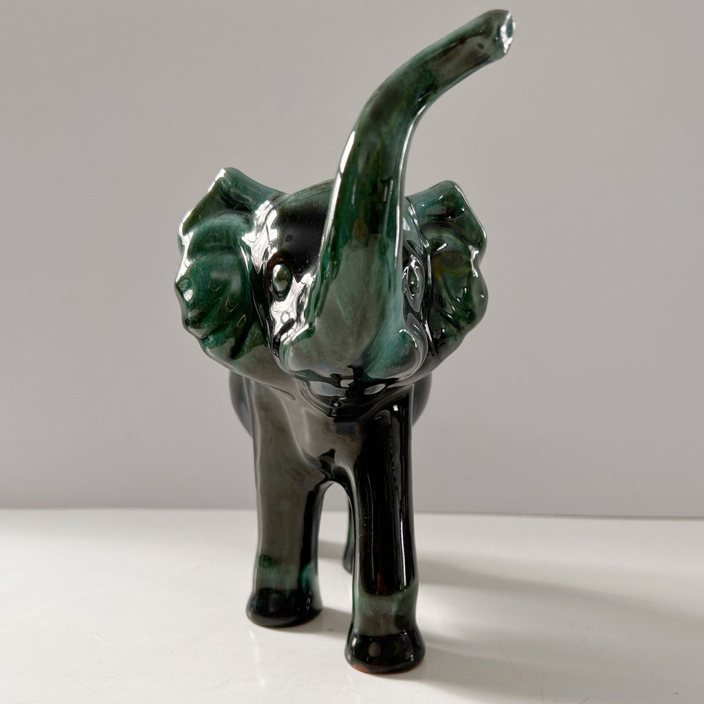 Blue Mountain Pottery Elephant Trunk Up Good Luck Flow Green Vintage Canada Collectible