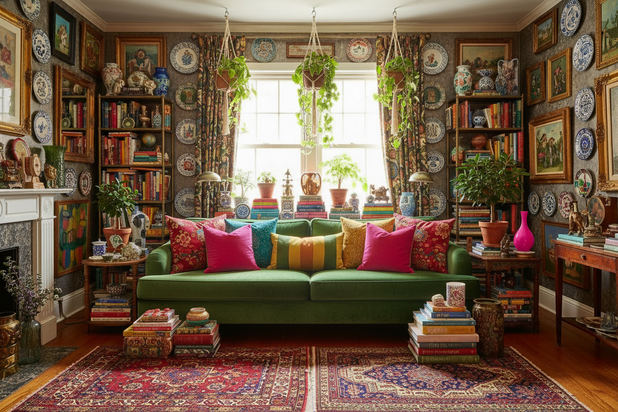 make the sofa emerald green add a tiger statue add some neon pink items